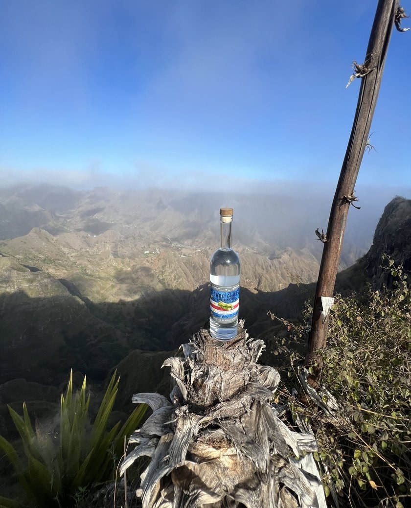 Cabo Grogue bottle on a mountainside on the island of Santo Antão